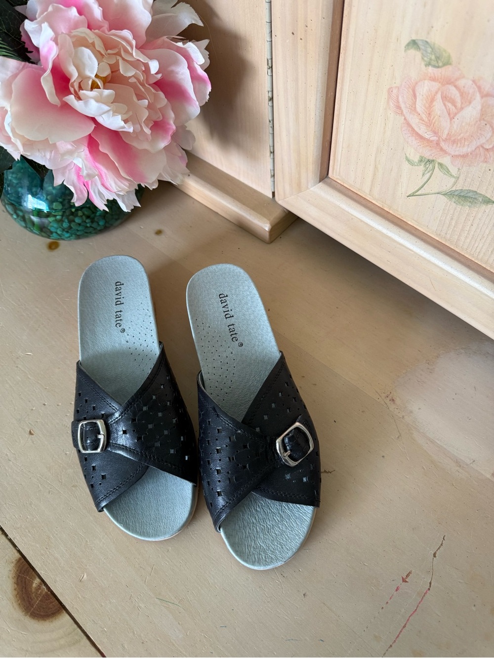 David Tate (never worn) Black Perforated Buckle Slide Sandals